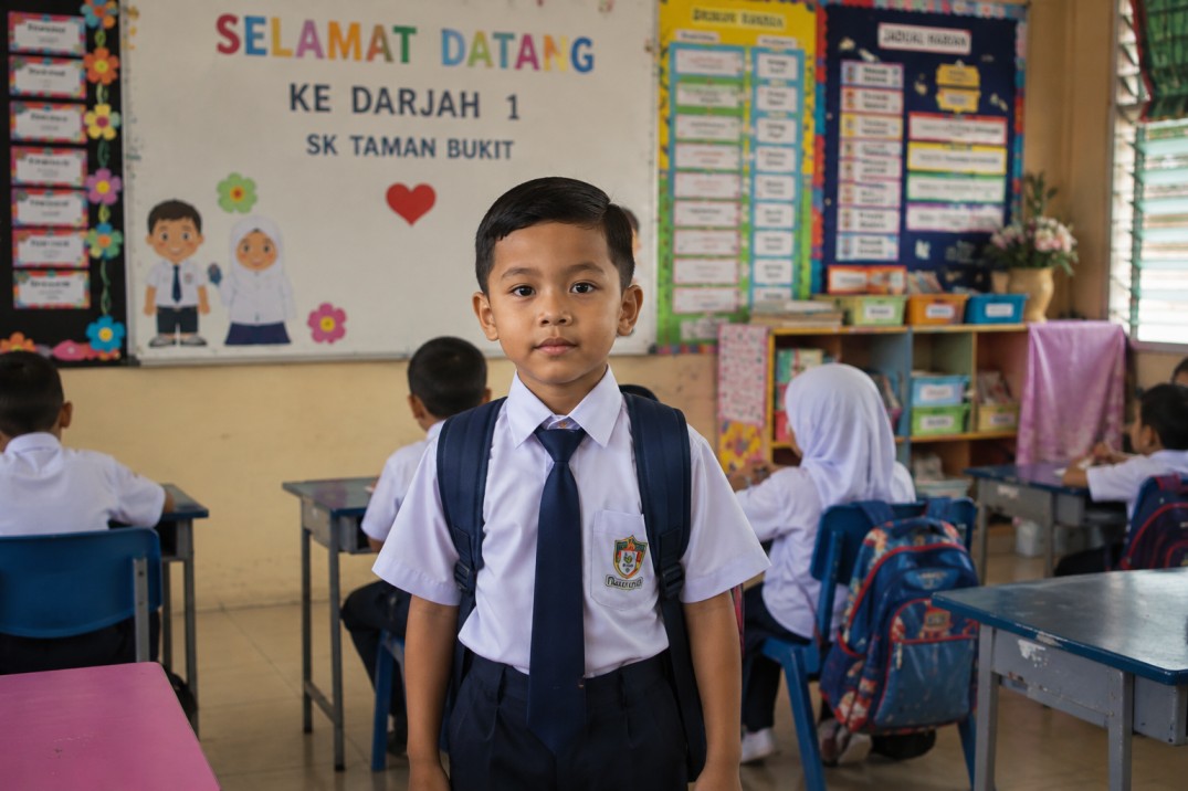 Anak sedang belajar menggunakan tablet dengan gembira